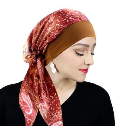 Printed Pre-tie Headscarf Women Elastic Muslim Female Turban Cancer Chemo Hat Hair Loss Cover Head Wrap Headwear Stretch Bandana - AMULET RING STORE