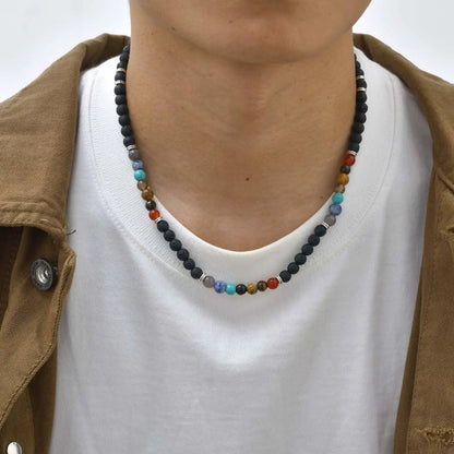 Vnox Volcanic Stone Bead Necklace for Men, Adjustable Stainless Steel Beaded Collar Chokers, Link Chain Jewelry Gift for Him New