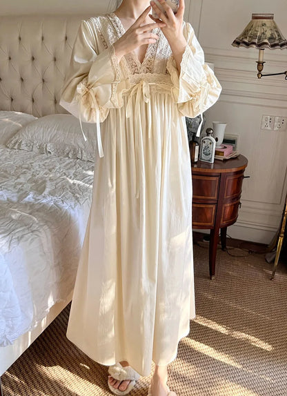Vintage Embroidery Cotton Long Nightgowns For Lady Lace  Long Sleeve Beige Elegant Nightshirts Comfortable Sexy Night Dress