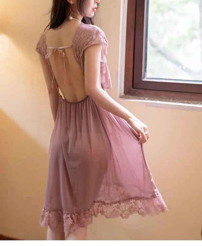 Sexy Sleepwear Women V-neck Nightgown Sexy Nightdress Lace Mesh Pajama Loungewear Summer Dress Nightwear Night Wear