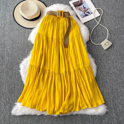 White High Waist A-Line Midi Skirt Women's Summer Casual Flared Cake Skirt Korean Sle Baking Poer Skirt for Young Women