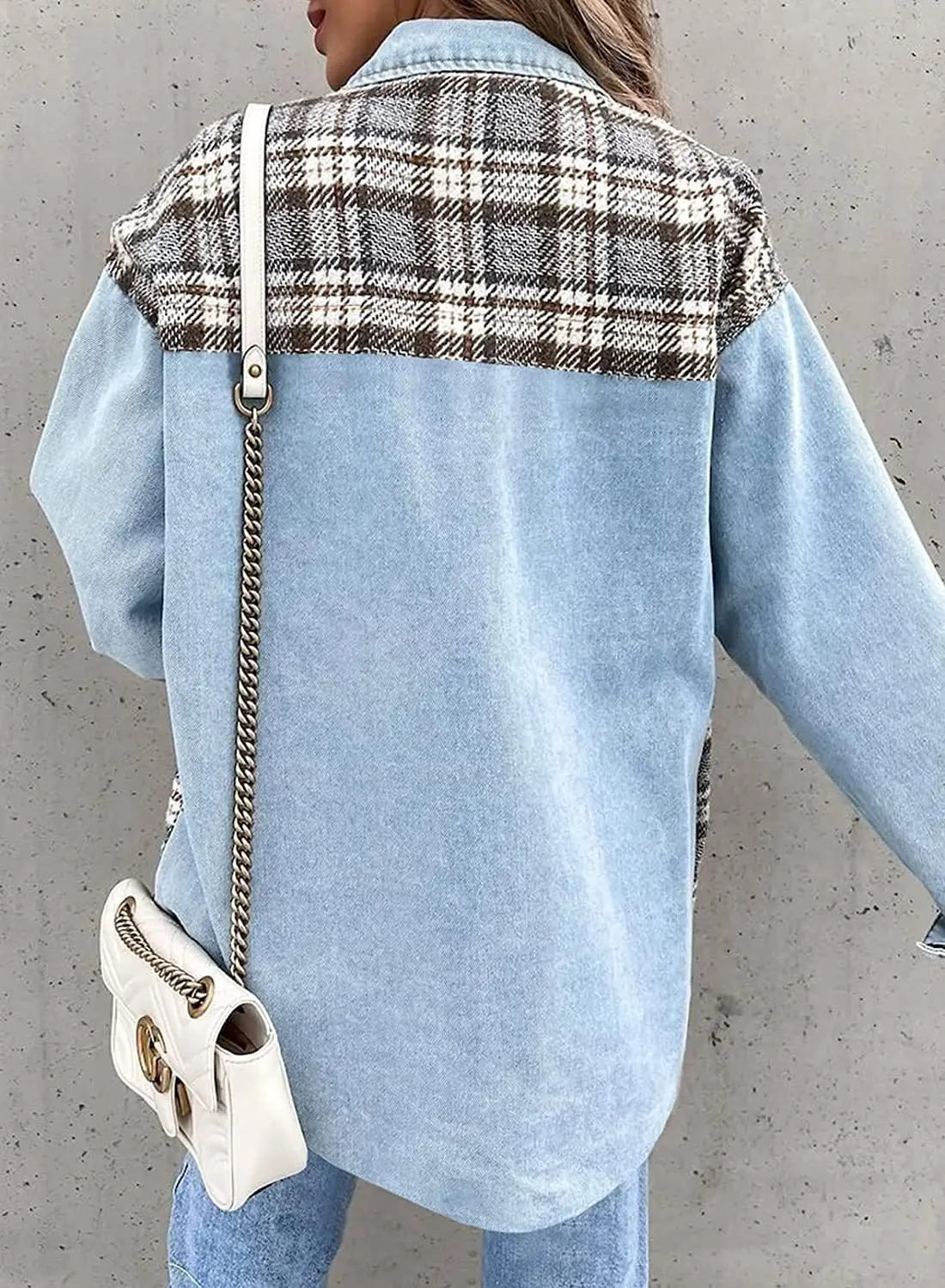 Autumn and Winter Long Sleeved Plaid Color Block Shaking Button Shirt Collar Denim Jacket for Women - AMULET RING STORE