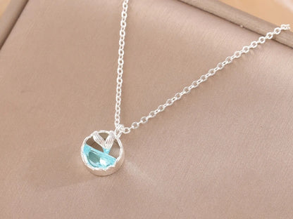 Mermaid Foam 925 Sterling Silver Fish Tail Tear Blue Crystal Clavicle Chain Pendant Necklaces