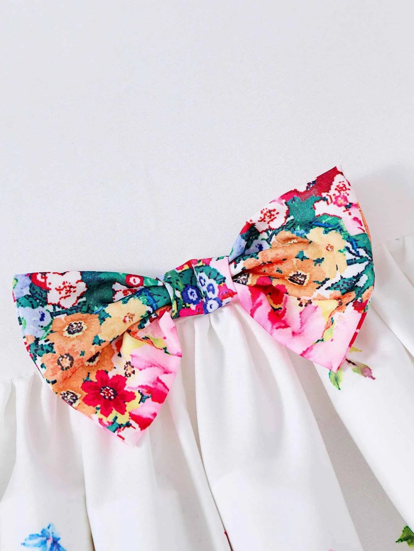 New Kids Girl Dress Summer Floral with Bow Fashion White Vestidos Short Sleeve Children Clothing Outfits Casual Printed  Dresses