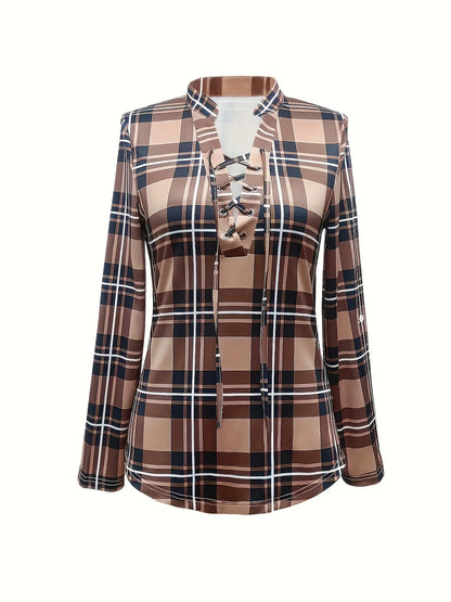 Plus Size 1XL-5XL Women's Fashionable Plaid Printed Waistband Tops Shirt Women Casual Spring V-neck Elegant Shirt Clothing