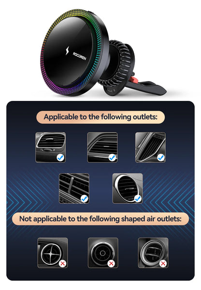 Rocoren Magnetic Car Phone Holder Fast Charging Wireless Charger With RGB light Magnet Car Stander For iPhone 15 14 13 Pro Max