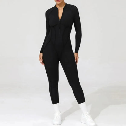 Seamless Yoga Jumpsuit Sports Fitness Backless Tight Zipper Long-sleeved One-Piece Workout Clothes Gym Leggings Sportswear