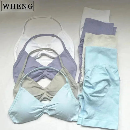 WHENG Gym Set 2 Piece Women Strappy Yoga Bra Top Workout Scrunch Shorts Sports Suit Fitness Clothes Seamless Yoga Set