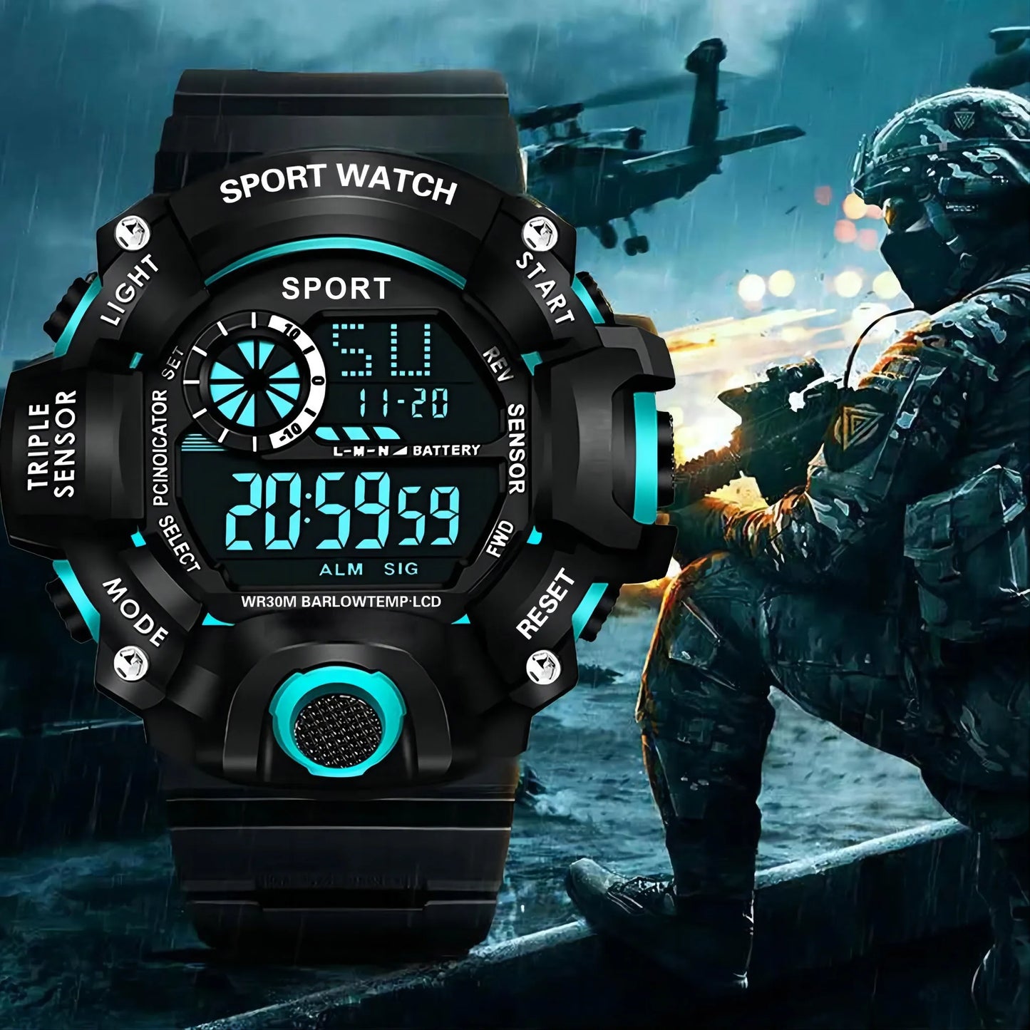 Fashion Men's Watch Sports Electronic Wristwatch Large dial Multifunctional Waterproof Luminous Alarm Kids Male's Military Watch - AMULET RING STORE