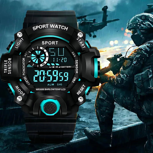 Fashion Men's Watch Sports Electronic Wristwatch Large dial Multifunctional Waterproof Luminous Alarm Kids Male's Military Watch - AMULET RING STORE