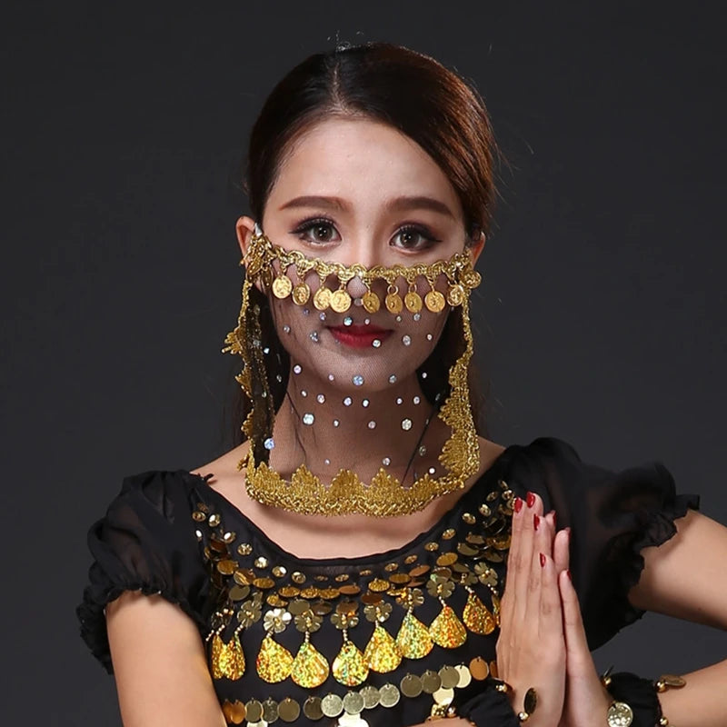 Children Womens Belly Dancer Coins Face Veil Indian Classical Bollywood Dress Girls Belly Dance Stage Performance Accessories - AMULET RING STORE