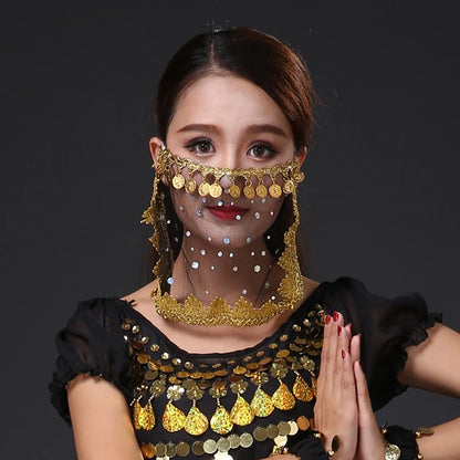 Children Womens Belly Dancer Coins Face Veil Indian Classical Bollywood Dress Girls Belly Dance Stage Performance Accessories - AMULET RING STORE
