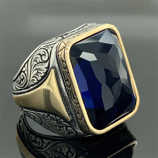 Delicate Square Geometry Grave Gold Silver Color Blue Stone Rings for Men AMULET RING STORE