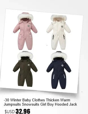 -30 Winter Baby Clothes Thicken Warm Jumpsuits Snowsuits Girl Boy Hooded Jacket Waterproof Rompers Ski Suits Kids Coat Outerwear - AMULET RING STORE