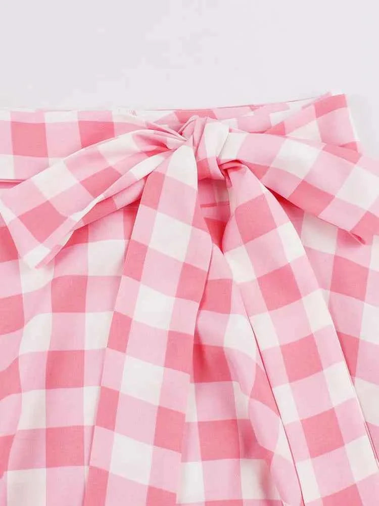 Women's High Waist Pleated Midi Skirts Female Summer Plaid Vintage Casual A-line Loose Skirt With Belt Pocket