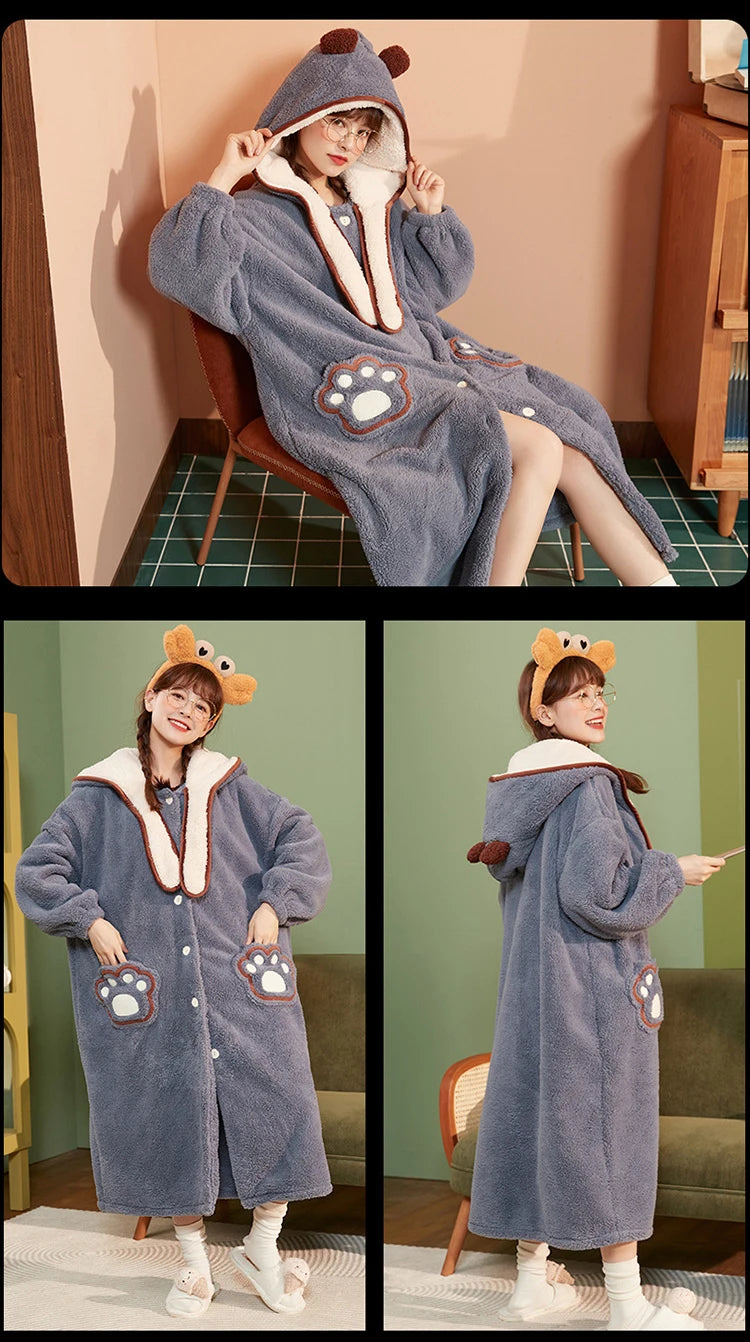 2024 Winter Pajamas For Women Cartoon Hooded Long Robe Strawberry Jacket Cute Home Wear Sleepwear Kawaii Flannel Warm Bathrobe - AMULET RING STORE