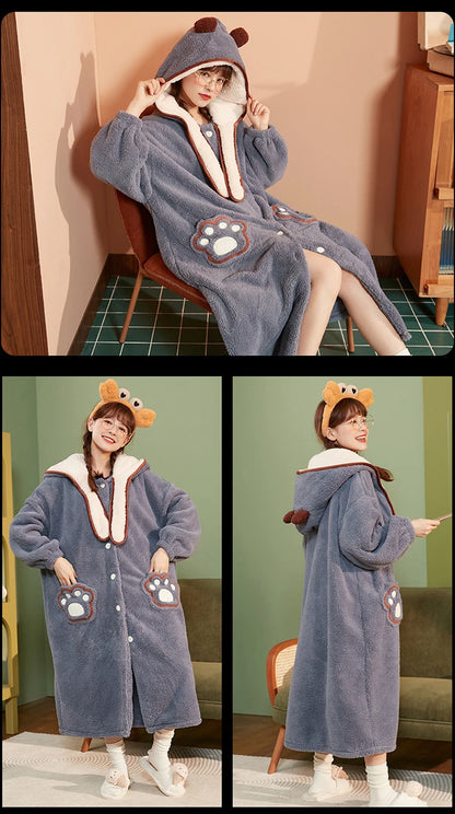 2024 Winter Pajamas For Women Cartoon Hooded Long Robe Strawberry Jacket Cute Home Wear Sleepwear Kawaii Flannel Warm Bathrobe - AMULET RING STORE