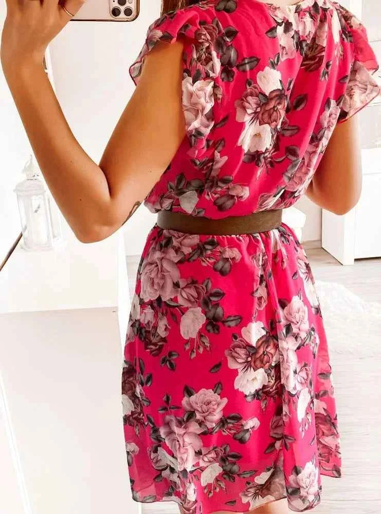 Summer Fashion Floral Printed Long Dress Ladies Sleeveless Elastic Waist Beach Dress 2025 Women V-Neck Pleated Chiffon Cover-Ups