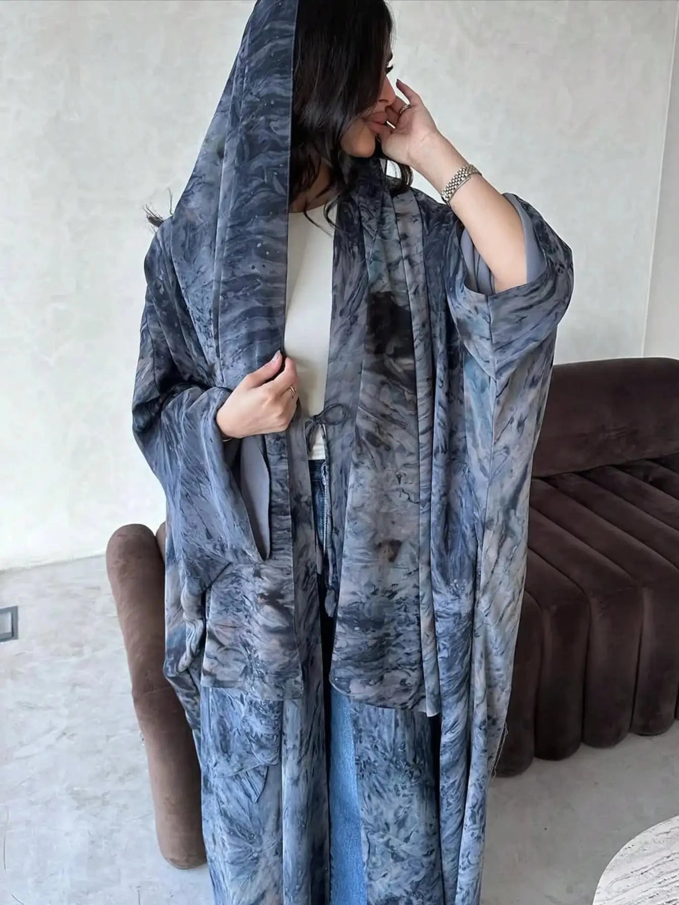 Middle Eastern Tie Dye Loose Abaya Full Sleeve Open Front Abayas Turkey Kaftan Arabian Maxi Dresses Women Jilbabs Without Hijab - AMULET RING STORE