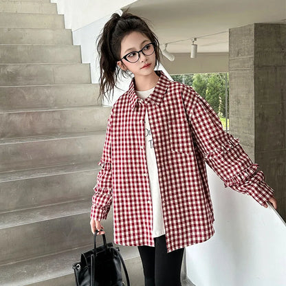 2025 Spring Girls Plaid Shirt Comfort Fashion Teen Kids Tops Clothes Casual All-match Long Sleeve Children Blouse 10 12 13 Years