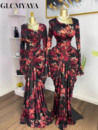 CM.YAYA Women Tie Dye Printed Skew Neck Long Sleeve Ruched Stacked Maxi Long Dress 2025 Fall Evening Birthday Sexy Party Dresses