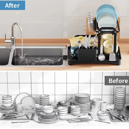 New 360° rotating storage rack double-layer kitchen tableware drying rack with drain tableware storage rack for tableware - AMULET RING STORE