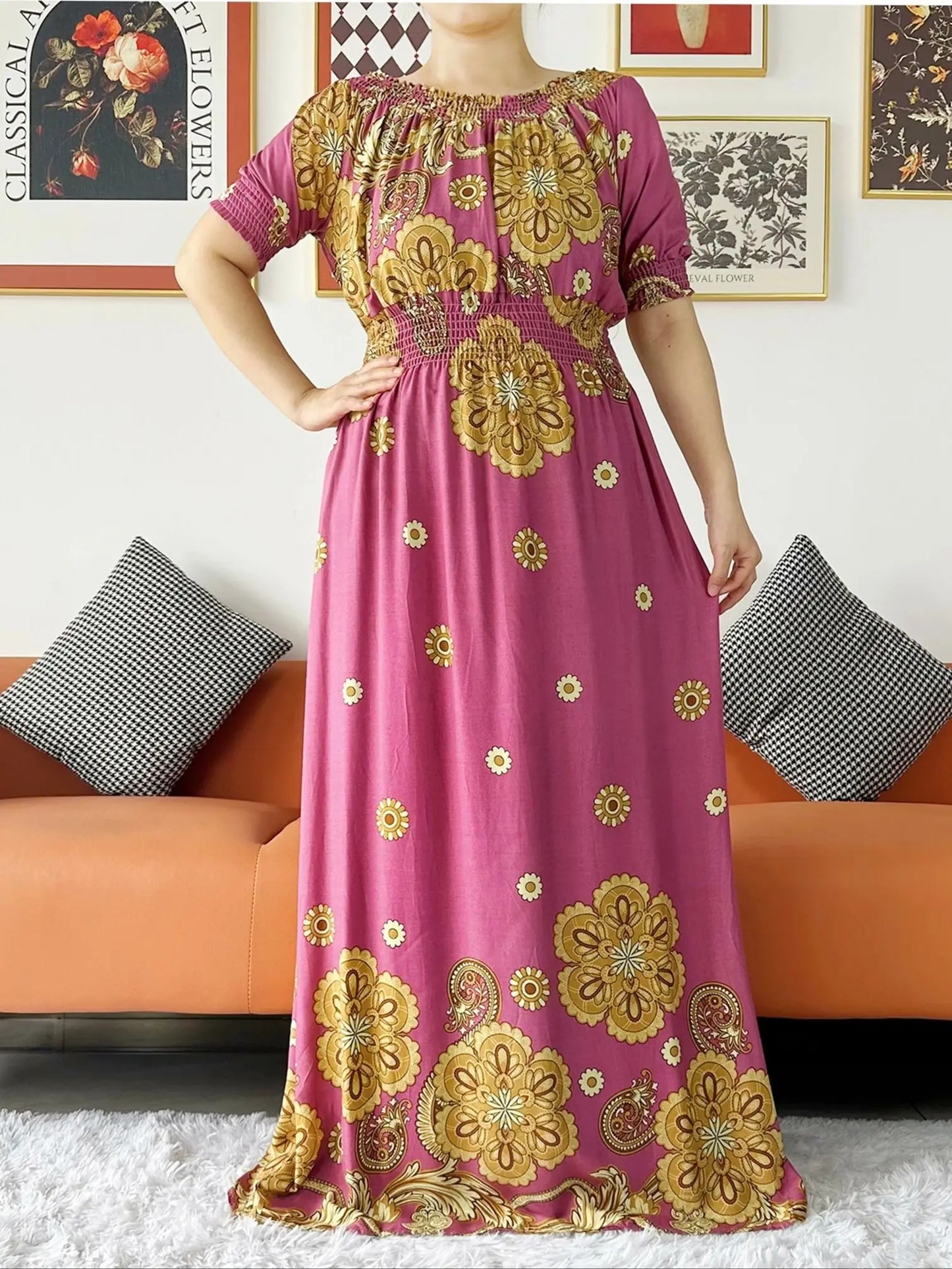 New Summer Women Abaya Short Sleeve Dashiki Floral Collect Waist Loose Maxi Robe Floral Femme Musulmane African Printing Abaya