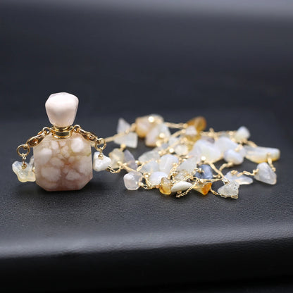 Perfume Bottle Necklace Natural Stone Cherry Blossom Agate Perfume Bottle Pendant For Women Christmas Halloween Gift Chain 80cm - AMULET RING STORE