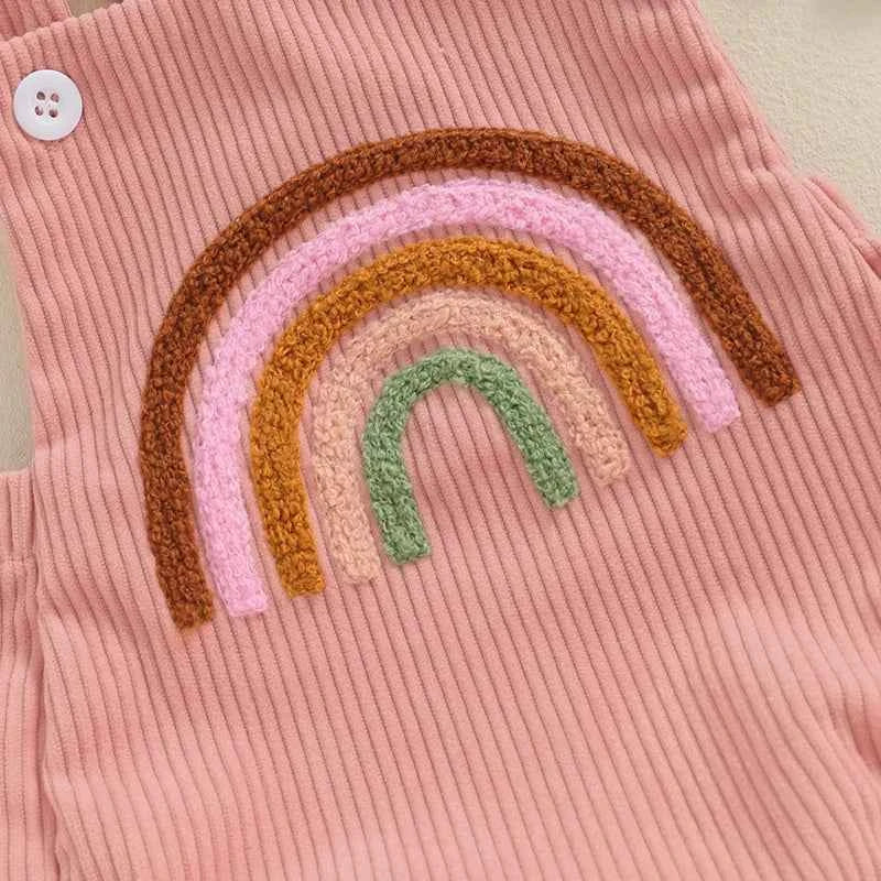 Infant Baby Girl Boy Overalls Rompers Summer Rainbow/Strawberry Embroidery Sleeveless Square Neck Suspender Ribbed Romper - AMULET RING STORE