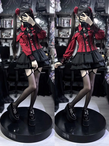 Sweet Gothic Lolita Two Piece Set, Off Shoulder Blouse + High Waist Skirt, Kawaii Tri-color Lace Coord Outfit for Women & Teens