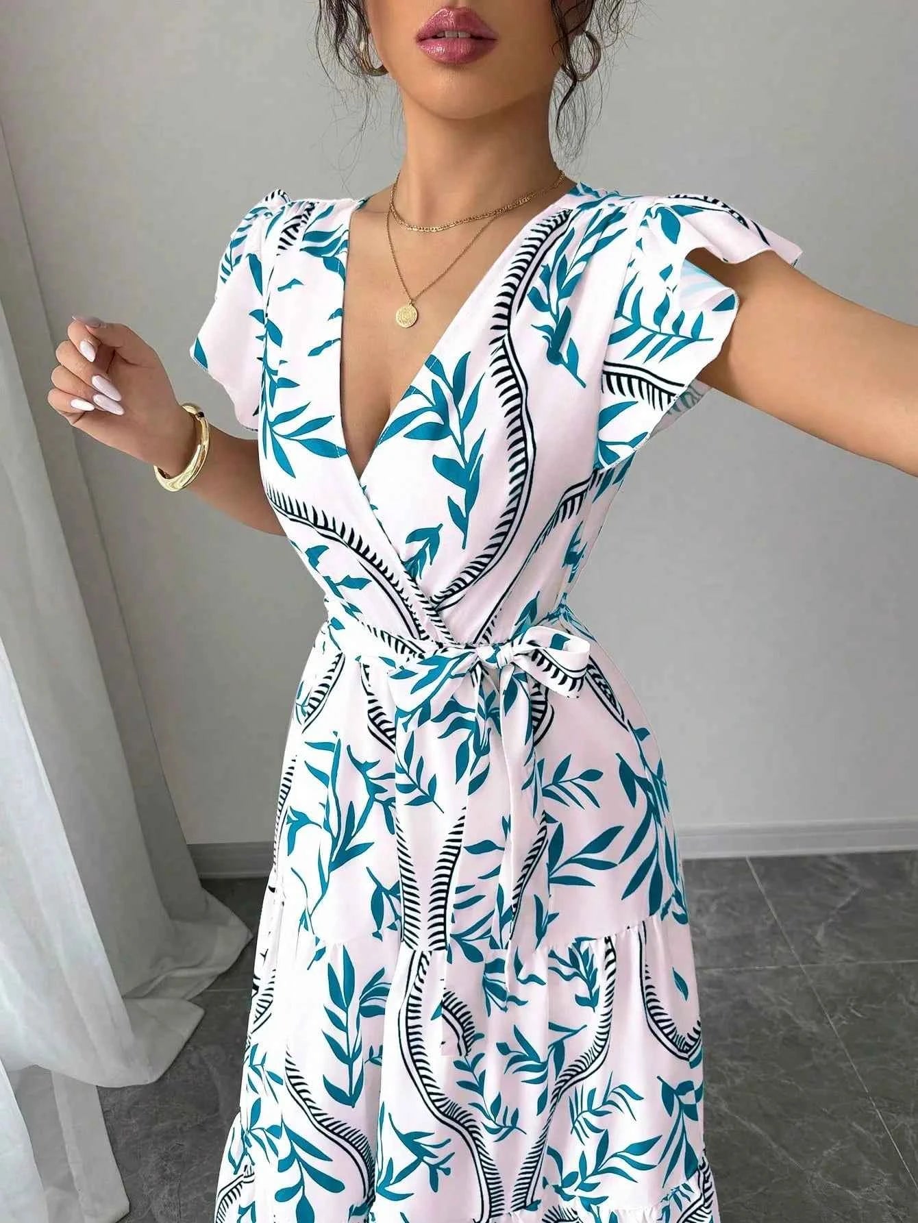 New Summer Women's Printed Lace-up Dress,Short Sleeved Dresses,White Dresses,Elegant Dresses For Ladies,Woman's 2025 Clothing