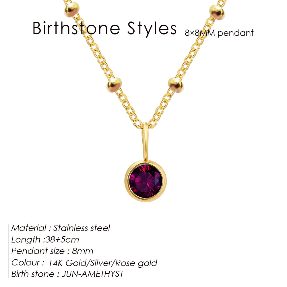 Stainless Steel Birthstone Necklace Beaded Chain Zirconia Pendant DIY Necklace Constellation Birthday Gift Jewelry Wholesale