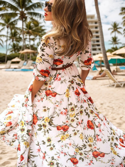 2025 New Elegant Floral Print Women's Dress, Half Sleeved Long Pants Dress, Summer Vacation Beach Dress