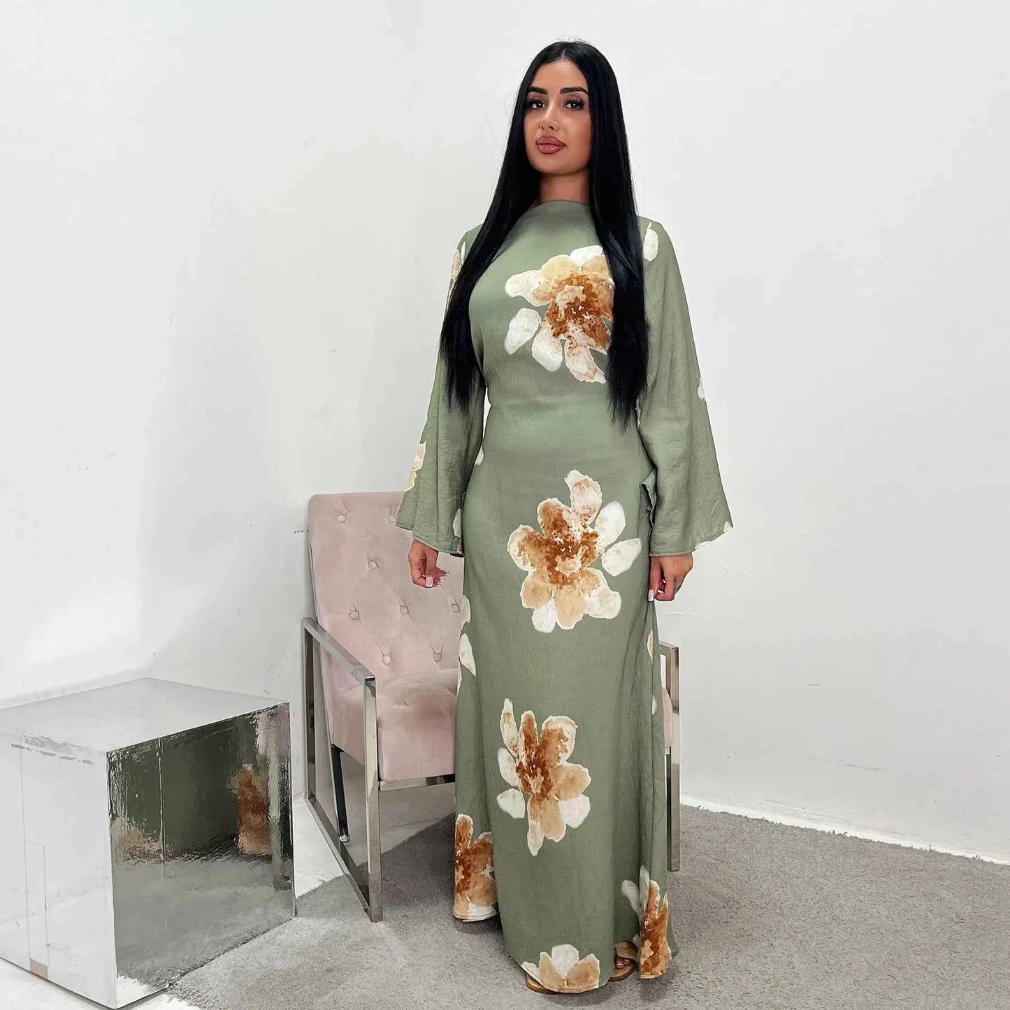 Arabesque Bell Sleeve Flowy Maxi Abaya Dress Elegant Floral Print Muslim Modest Long Dress Islamic Vacation Outfit Summer Robe