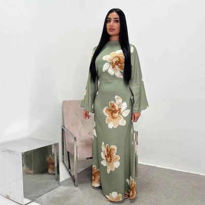 Arabesque Bell Sleeve Flowy Maxi Abaya Dress Elegant Floral Print Muslim Modest Long Dress Islamic Vacation Outfit Summer Robe