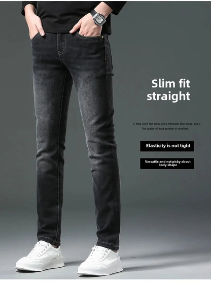 H Home Autumn/Winter Thickened European Style High-End Jeans Men's Trendy Brand Slims Smooths Your Silhouette Small Footed Trend