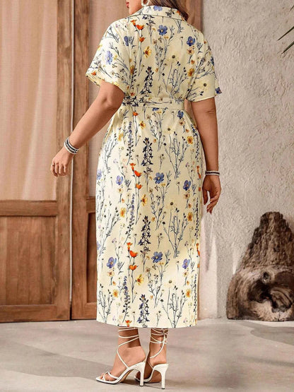 【Plus Size】 Floral Print Belted Wrap Dress, Modest Elegant V Neck Short Sleeve Dress for Women, Women's Plus Clothing for Summer