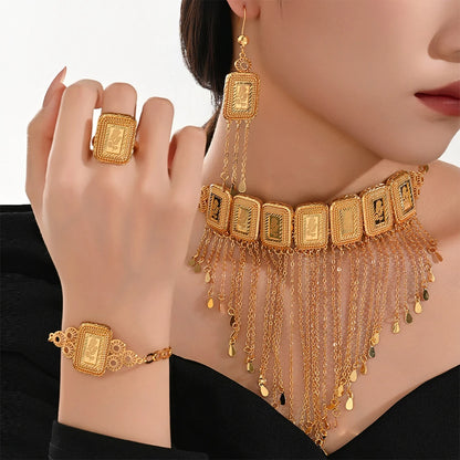 Earring Tassel Necklace Middle East 4pcs Jewelry Women Cuff Bangles with Ring Jewelry Dubai Fashion Set African Jewelry Wedding