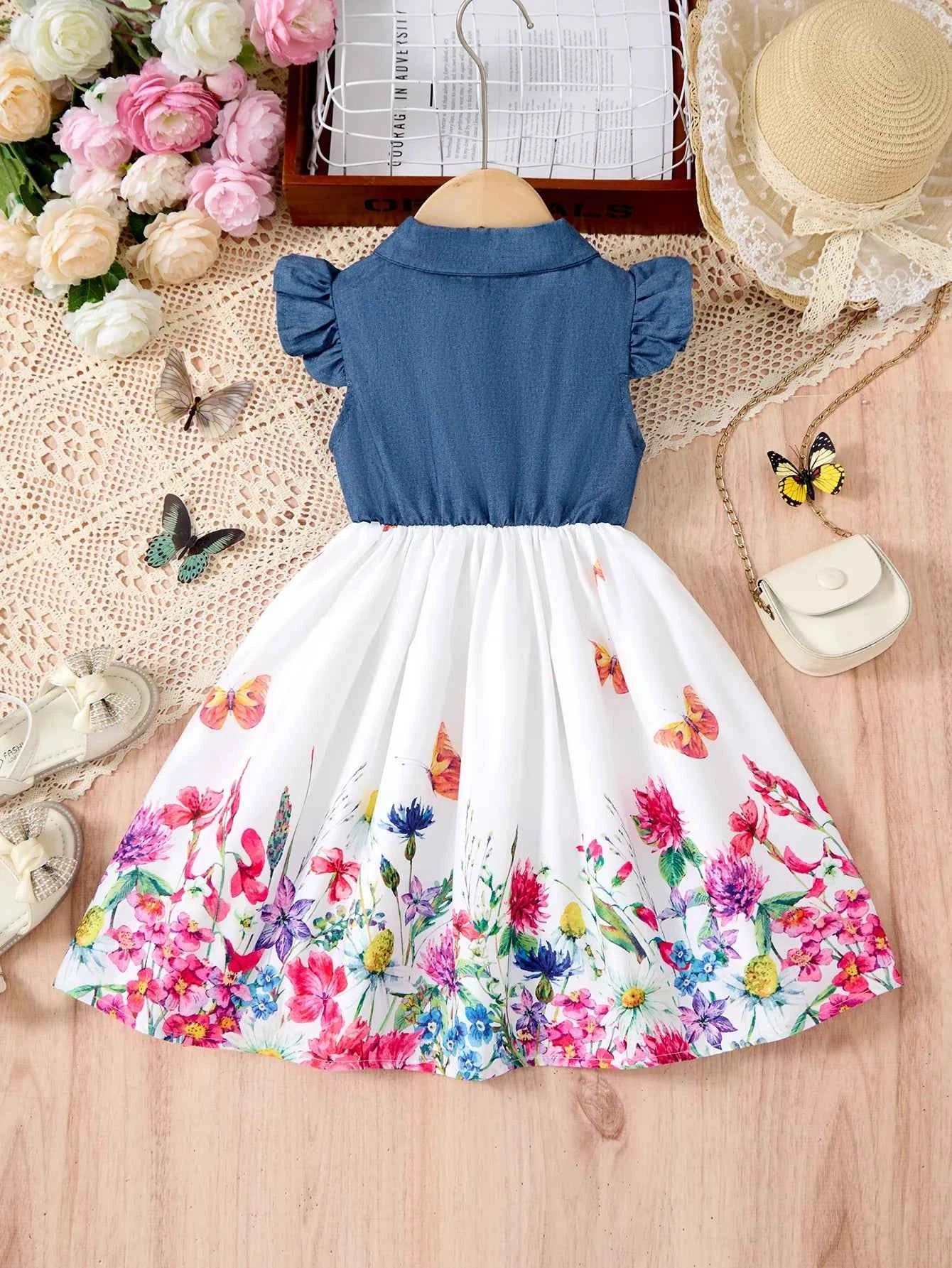 New Kids Girl Dress Summer Floral with Bow Fashion White Vestidos Short Sleeve Children Clothing Outfits Casual Printed  Dresses