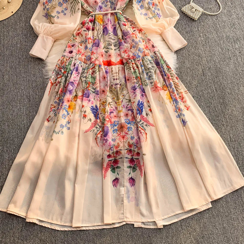 Faionable Print Long Dr Women's Spring Belted Waist Pleated Lantern Sve Turn-down Collar Dr Korean Sle Commute