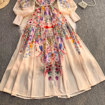 Faionable Print Long Dr Women's Spring Belted Waist Pleated Lantern Sve Turn-down Collar Dr Korean Sle Commute