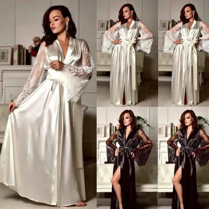 Sexy Nighties Lingerie Plus Size Pajamas Gown Imitation Ice Silk Lace Long Sleeve Women's Pajamas Panty Belt Set Sexy Goods