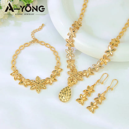 Luxury Dubai Wedding Jewelry Set 21k Gold Plated Arab Bridal Gold Necklace Bracelet Earrings Brazilian Women Vintage Jewelrys