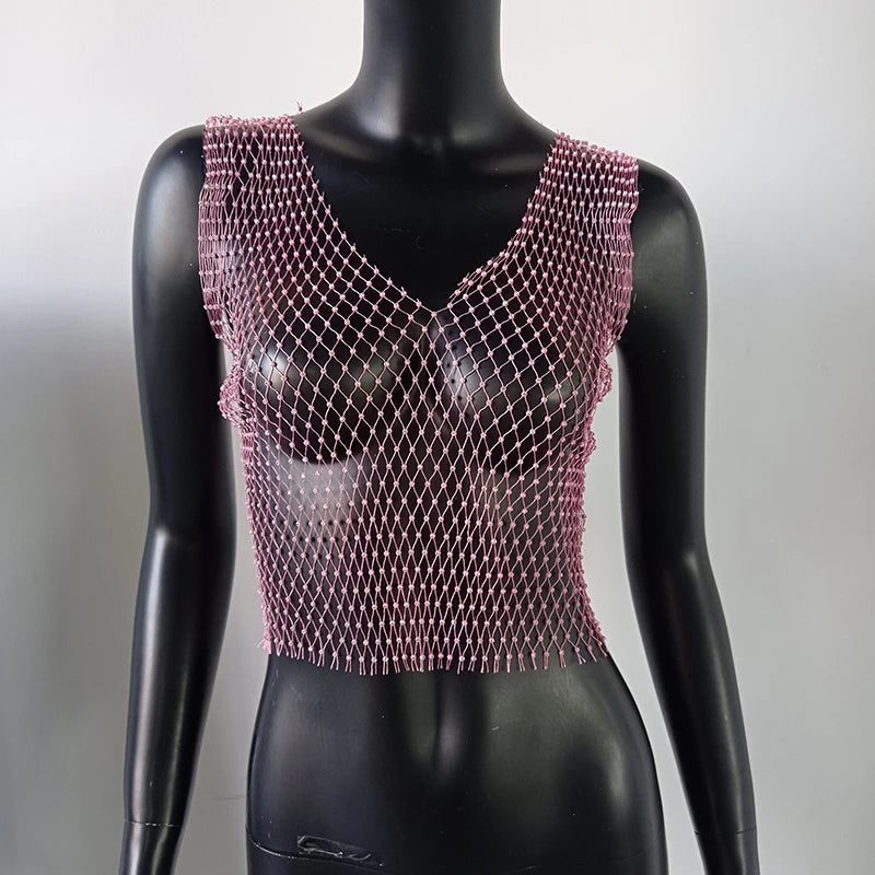Women's Fishnet Rhinestone Crop Top 2024 Summer Sexy Mesh High Elastic Black White Shirt Net See Through Rave Diamond Tank Top - AMULET RING STORE