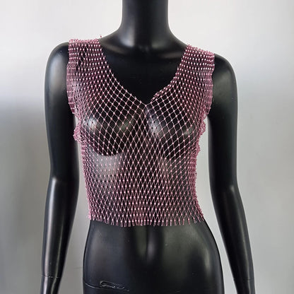 Women's Fishnet Rhinestone Crop Top 2024 Summer Sexy Mesh High Elastic Black White Shirt Net See Through Rave Diamond Tank Top - AMULET RING STORE