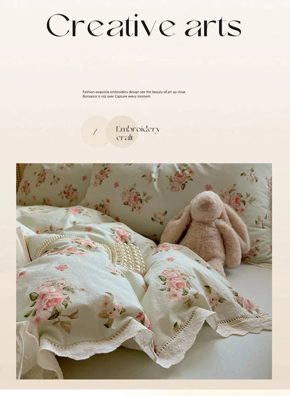 Washed Cotton Duvet Cover Sets Single/Queen/king Flower Printed Bedding Set Princess Style e housse de couette 220x240 with Lace - AMULET RING STORE