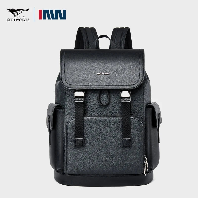 Septwolves Stylish Man Printed Leather Travel Backpack High Qualit Business Work Commuting Flip Print Monogram Laptop Backpack