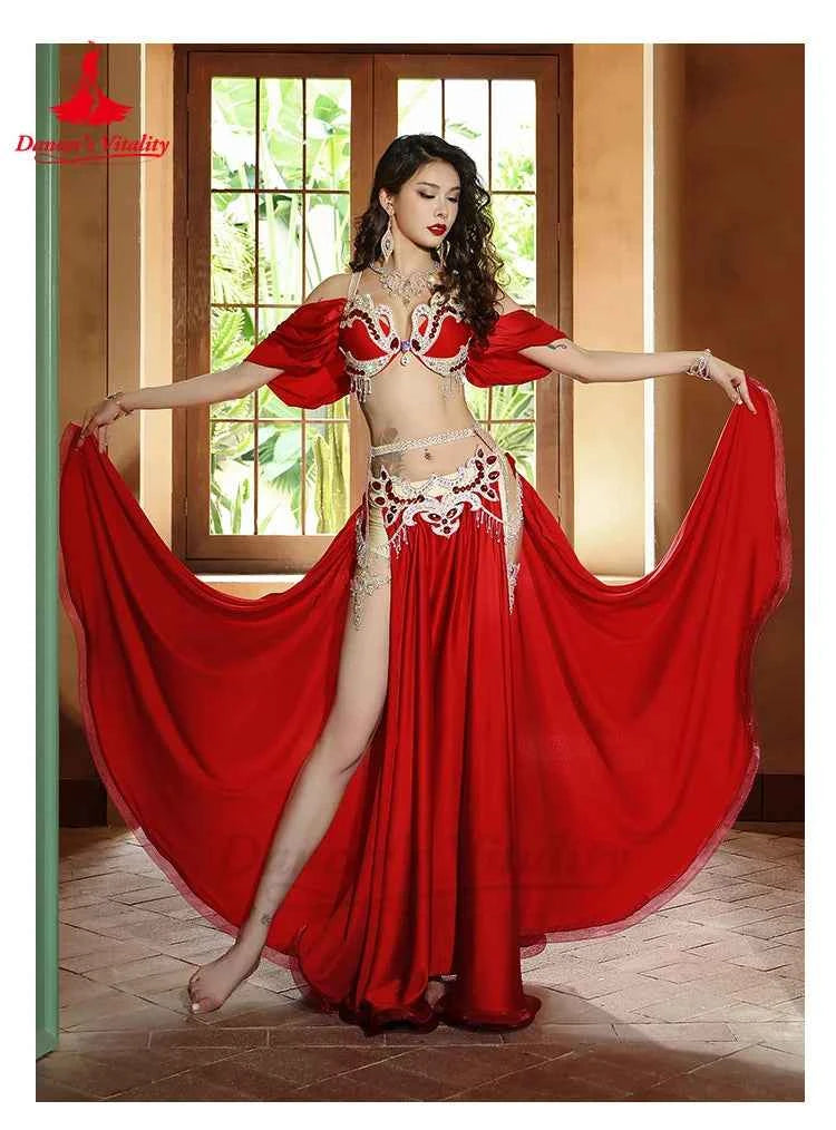 Belly Dance Performance Suit for Women Senior AB Stones Bra+satin Split Long Skirt 2pcs for Women Oriental Belly Dancing Outfit