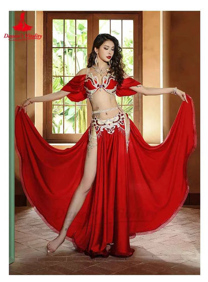 Belly Dance Performance Suit for Women Senior AB Stones Bra+satin Split Long Skirt 2pcs for Women Oriental Belly Dancing Outfit