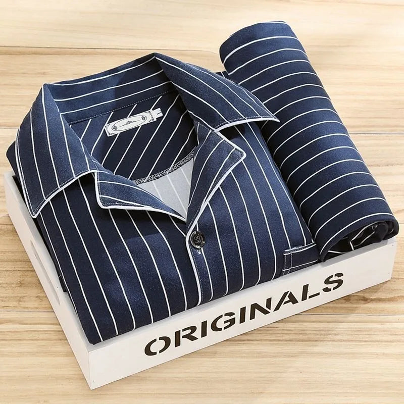 Casual Pure Cotton Men's Spwear Long Sve Long Pants Two-Piece Set Plaid Striped Simple Wearable Home Clothes